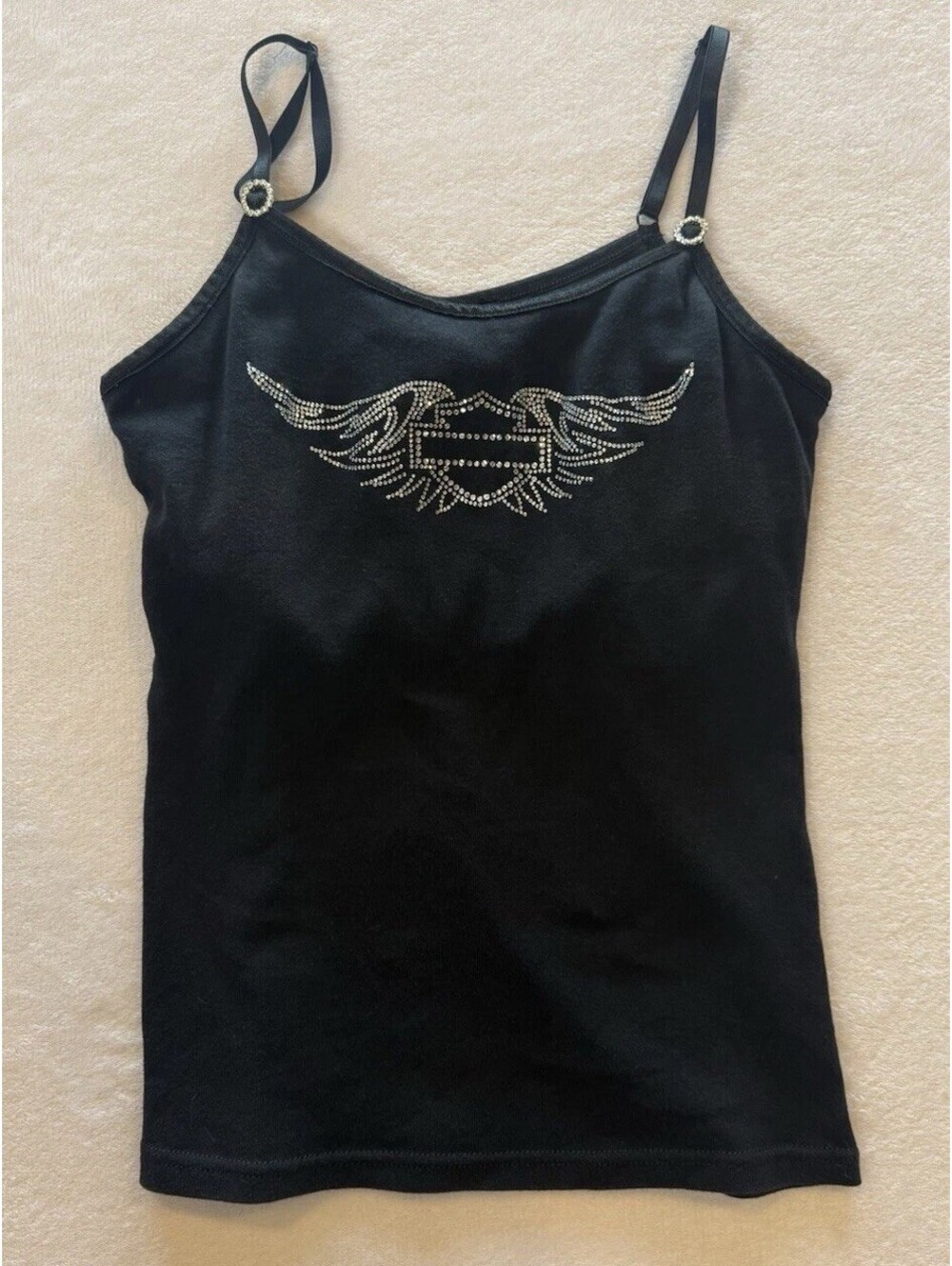 Harley-Davidson Women's Black Rhinestone Studded Camisole Adjust Strap Sz L USA